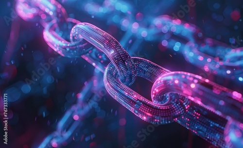 Fond numérique présentant des chaînes avec des lumières néon roses et bleues, créant une atmosphère de technologie futuriste et de cybersécurité dans le style de rendu 3D.