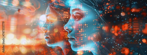 Visages humains numériques avec des données et des codes numériques lumineux sur la peau, en double exposition. Image conceptuelle symbolisant la technologie moderne et l'intelligence artificielle.