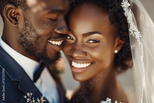 A young couple on their wedding day, their faces radiant with love and happiness. Close-up. photo