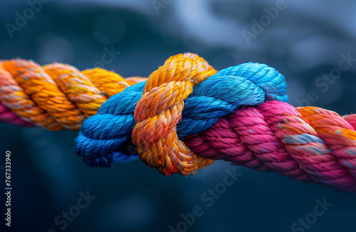 Rope is tied into knot. Close-up of multicolored rope tightly tied in knot. Generative AI