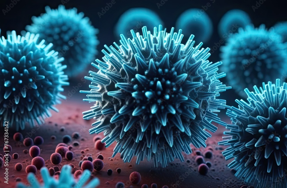 Viruses and bacteria abstract background. Cells and viruses under laboratory microscope. Virus background with disease cells. Viruses and bacteria abstract background. Cells and viruses under laboratory microscope. Virus background with disease cells.