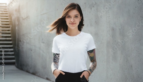 Oversize white style t-shirt mockup photo with beautiful girl with tattoos and light concrete background © Marko