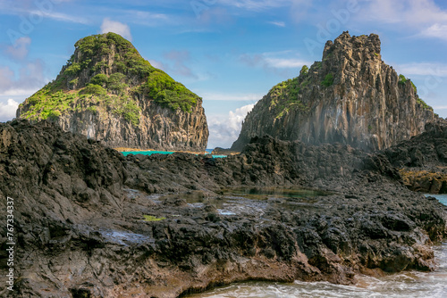 Turquoise water around the Two Brothers rocks, Fernando de Noronha, UNESCO World Heritage Site, Brazil.