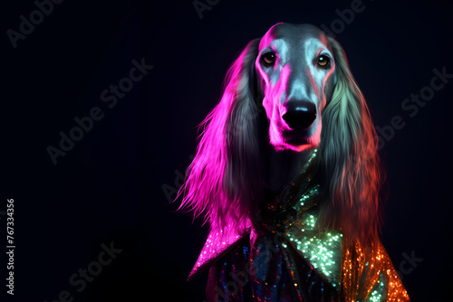 Creative animal concept. Afghan Hound dog puppy in disco neon glitter glam shiny glow sequin outfit, copy text space. commercial, editorial advertisement party invitation invite, surreal surrealism 
