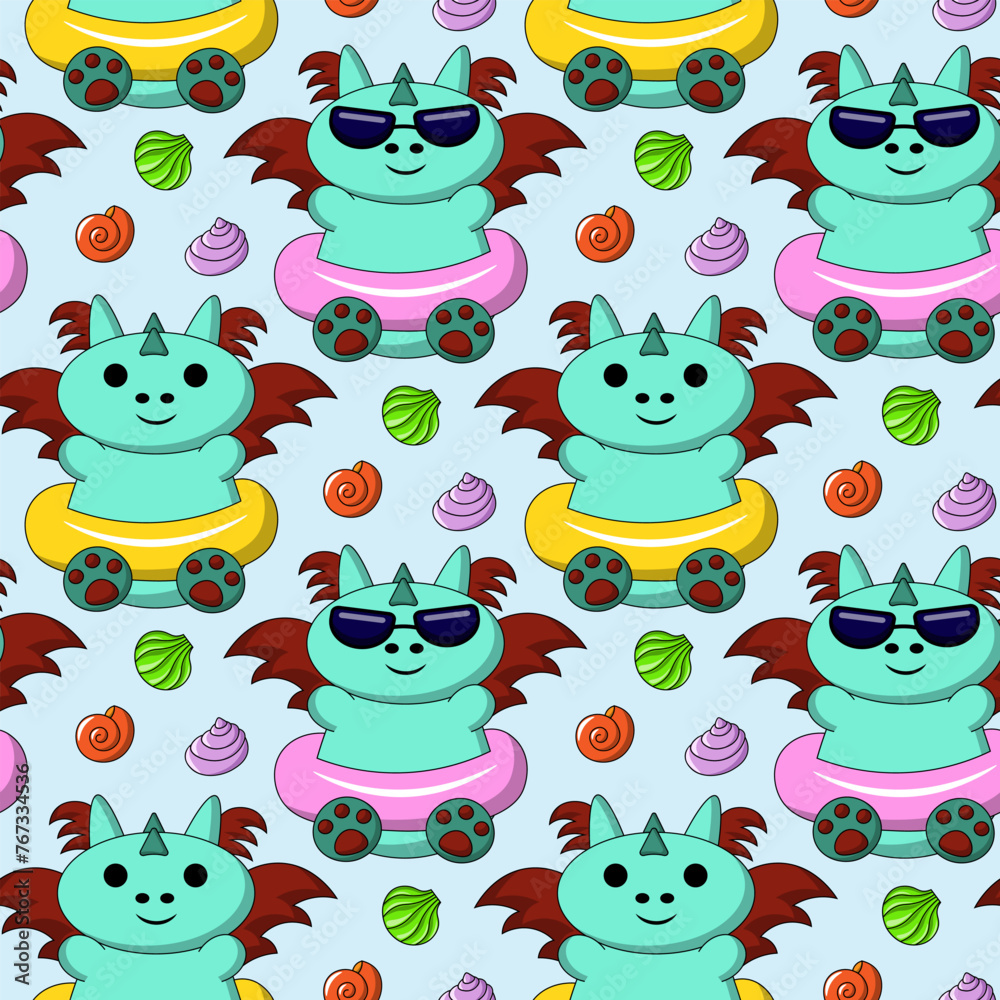 Seamless pattern with cute summer dragon on water Seamless pattern with cute summer dragon on water
