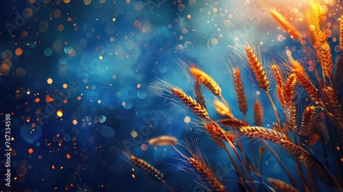 horizontal banner, Shavuot, Vaisakhi, Sikh New Year, wheat ears on a dark blue background, bokeh effect, glitter and shimmer, copy space, free space for text