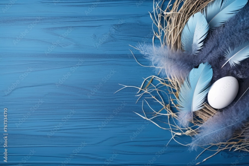 Banner. Easter eggs, feathers in a nest on a blue wooden background. The minimal concept. Top view. Card with a copy of the place for the text - generative ai - obrazy, fototapety, plakaty 