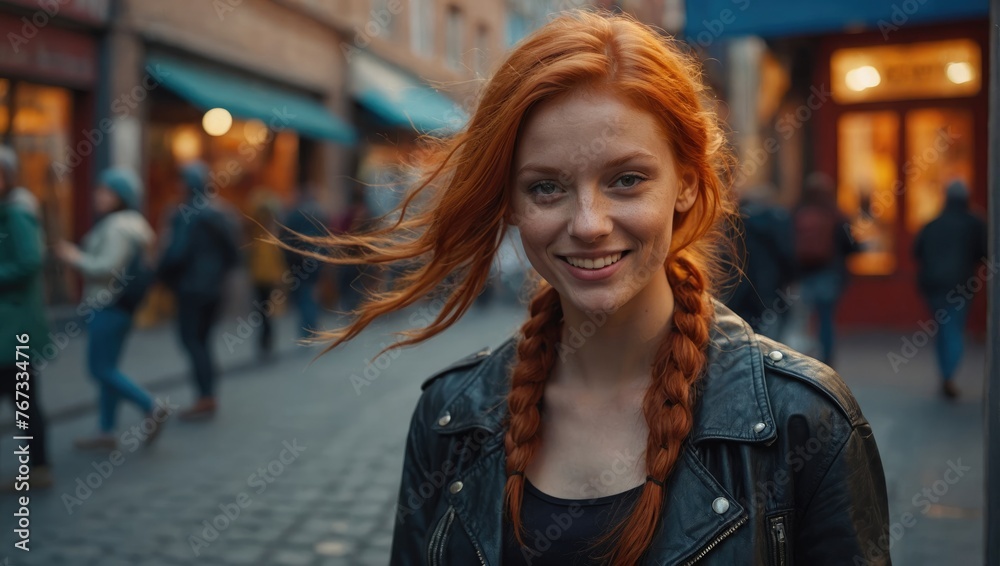 red-haired girl with freckles on her face, in a leather jacket, against the background of the street