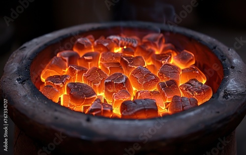 A close-up view of a bowl filled with hot coal burning brightly