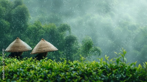ea gardens of Hangzhou, China, light rain falls in March, and tea pickers wearing bamboo hats are harvesting in the tea gardens, presenting the atmosphere of misty and rainy photo