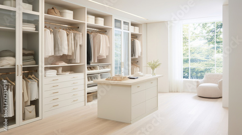 Modern luxury stylish white walk in closet feminine dressing room  minimal walk in wardrobe interior design