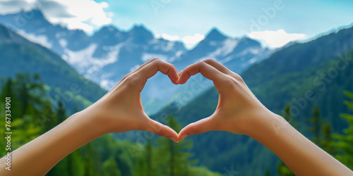 Silhouetted Hands Form Heart Shape Against Majestic Mountain Backdrop © zakiroff