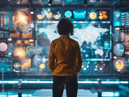 A woman stands in front of a computer monitor displaying a map of the world. The woman is looking at the screen with interest, possibly studying the data or information displayed