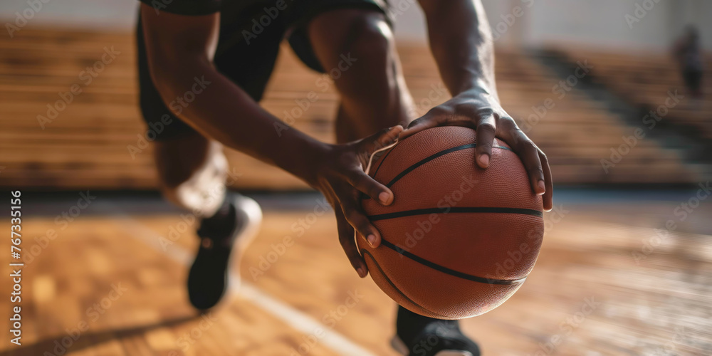 Basketball Player Holding Ball on Court - Dribbling Action Close-Up Shot