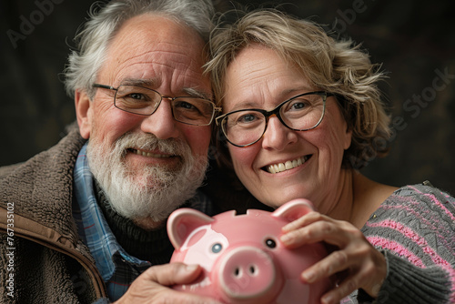 Senior couple joyfully holding a pink piggy bank, close up, capturing their retirement savings pride.