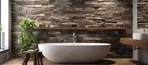 A bathroom with a bathtub  sink  mirror  and brick wall is complemented by plant  wood flooring  and serveware. The tap dispenses liquid and water while the building material used is hardwood