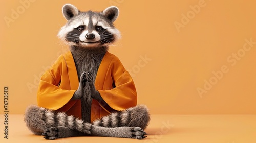Smiling raccoon sitting in zen pose wearing an orange robe Generative AI