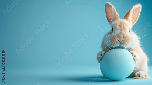 Adorable Easter bunny rabbit peeping behind Easter egg on blue background. generative ai © Sunday Cat Studio