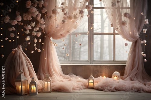 Lanterns on window sill in room with curtains and flowers