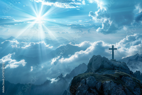 A panoramic view of a mountain peak with a cross, and rays of sunlight breaking through the clouds, the triumph of faith and the promise of redemption.