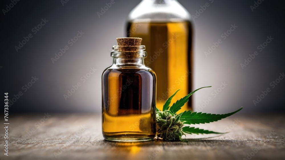a bottle of cannabis oil next to a marijuana leaf a bottle of cannabis oil next to a marijuana leaf