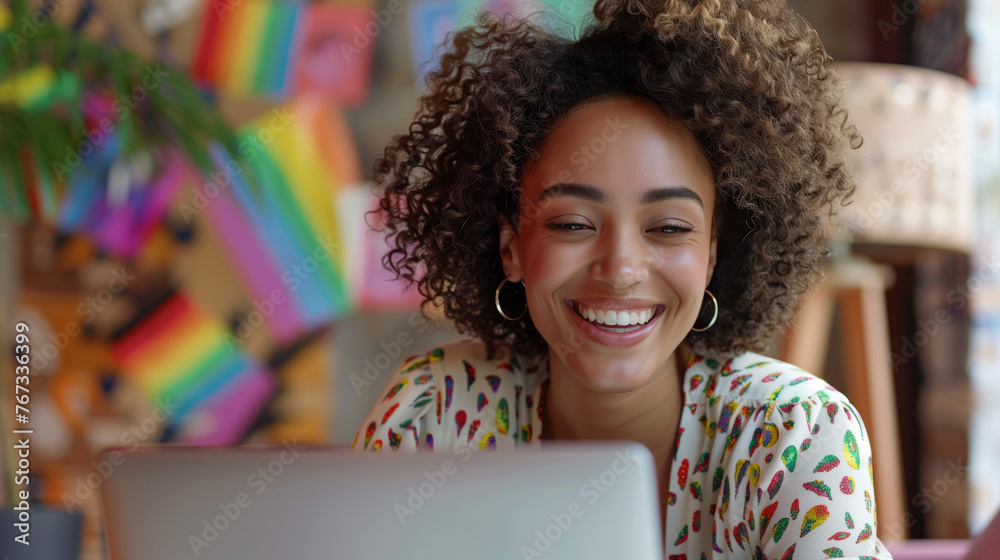 Happy young lesbian woman working remotely virtual video team meeting call, remote work & flexible inclusive culture, smiling black digital nomad freelancing on laptop at pride, rainbows, copy space	
 - obrazy, fototapety, plakaty 