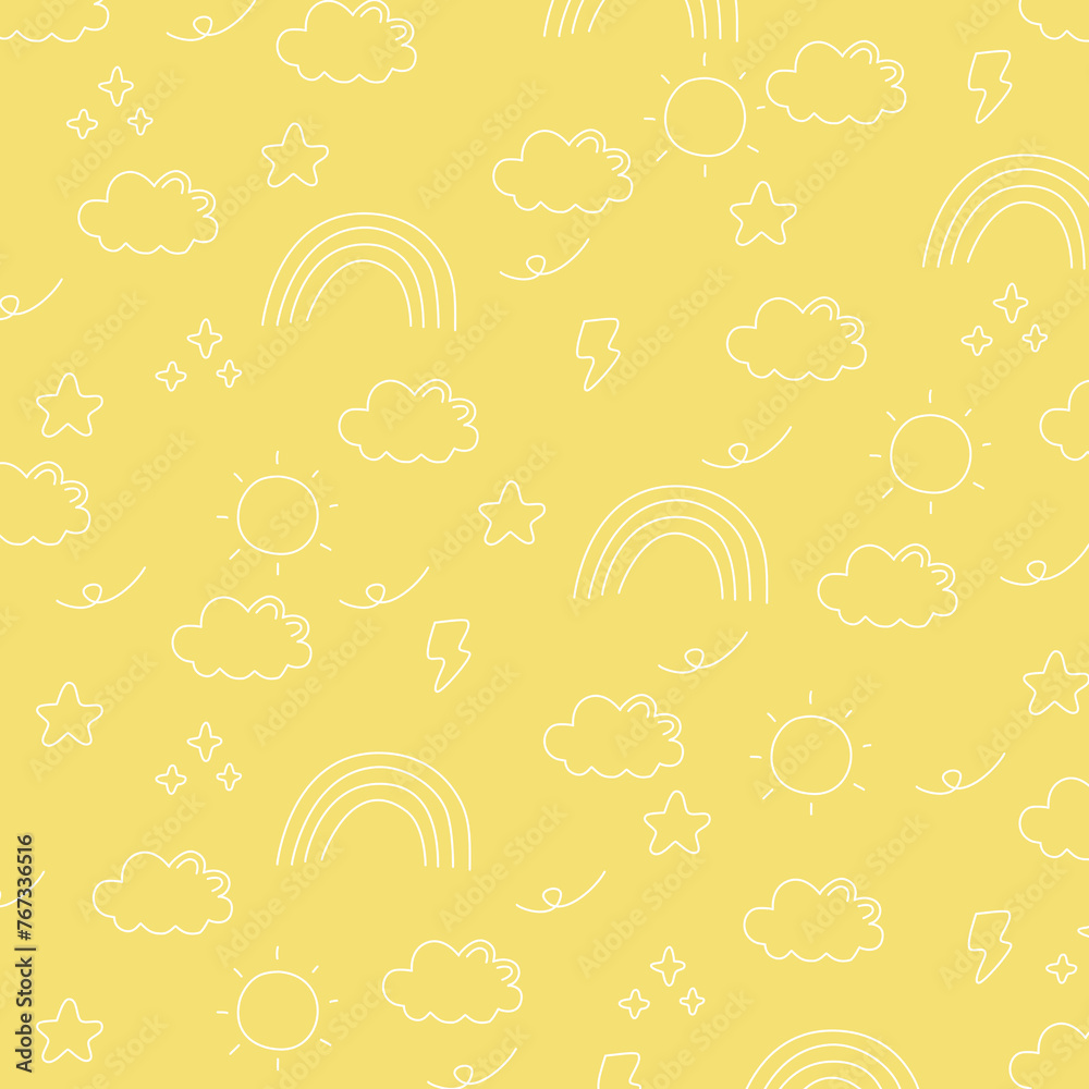 Illustration seamless patern  weather symbols with colorful children's designs, for use as backgrounds, scrapbooking, digital prints, paper wrapping, and gift wrapping.12 x 12 300 dpi with yellow