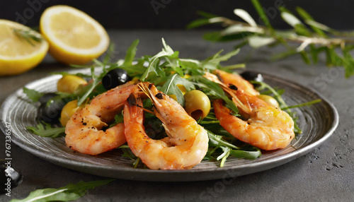 Grilled shrimps with arugula, fresh lemon and olives. Tasty dinner on table. Delicious meal.