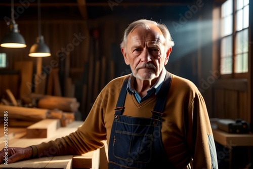 Elderly male carpenter happy in carpentry workshop