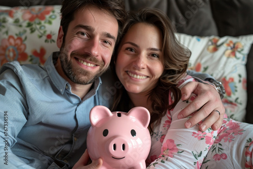 Close up Expecting parents with piggy bank, cheerful about the future, saving money for their child.