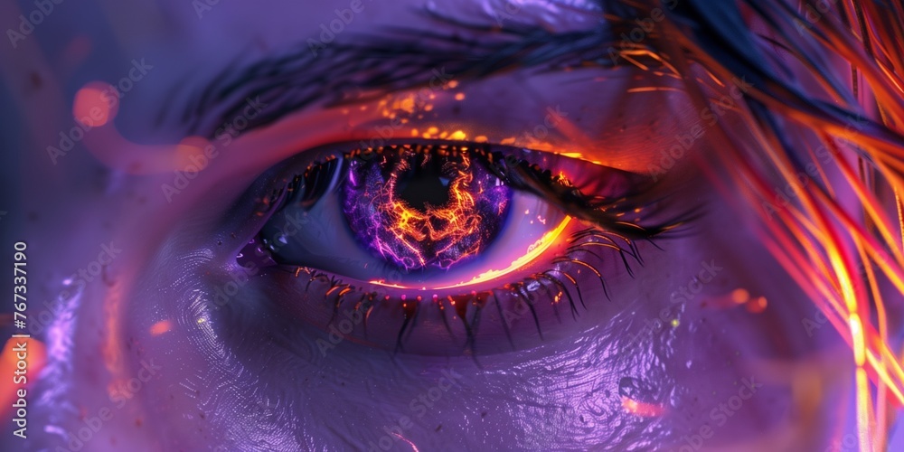 Woman's purple eye in the dark. Fire. Piercing eyes. Burning demonic eyes. Fiery Mysterious. Magic, secrecy, mysticism, visual effect. Hypnosis, power of sight. Look. Close up. Game art. Man Woman's purple eye in the dark. Fire. Piercing eyes. Burning demonic eyes. Fiery Mysterious. Magic, secrecy, mysticism, visual effect. Hypnosis, power of sight. Look. Close up. Game art. Man