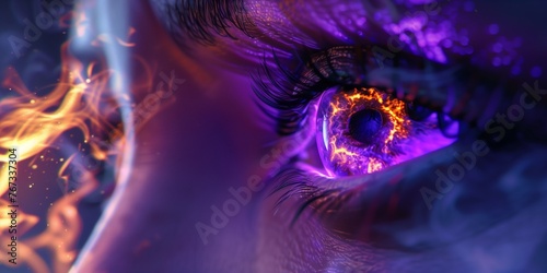 Woman's purple eye in the dark. Fire. Piercing eyes. Burning demonic eyes. Fiery Mysterious. Magic, secrecy, mysticism, visual effect. Hypnosis, power of sight. Look. Close up. Game art. Man