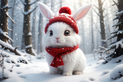 cute white rabbit in a red hat and scarf in the forest in winter