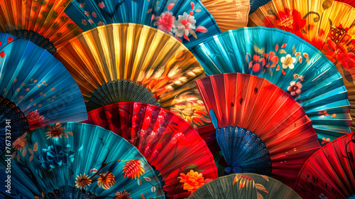Background with colorful Spanish fans with floral designs