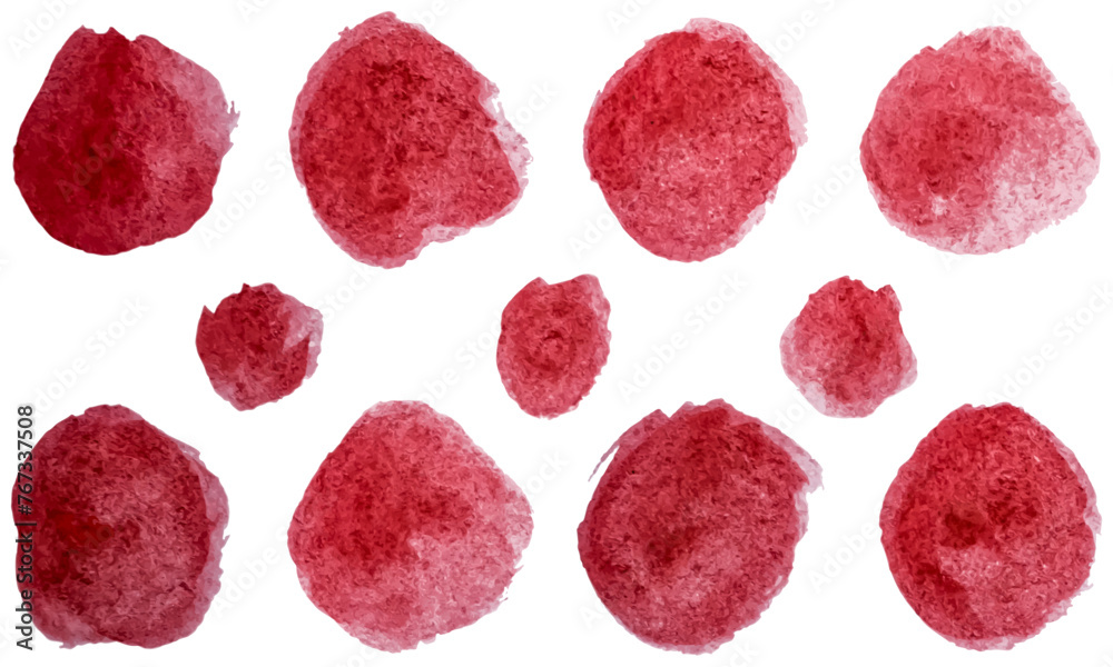Set of red round watercolor stains isolated on a transparent background. Seamless repeating hand-drawn vector polka dot pattern
