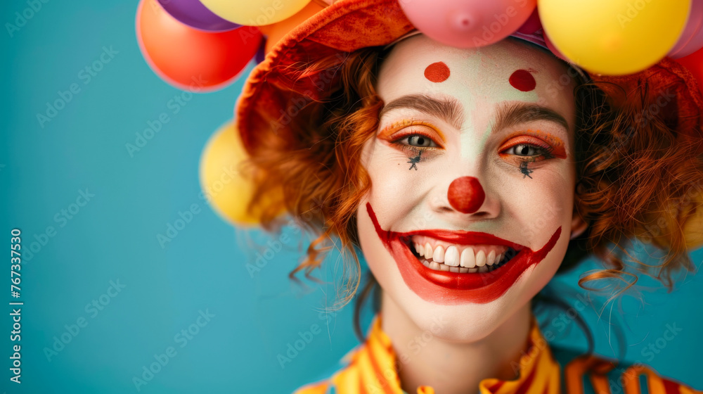 Naklejka premium Joyful female clown with colorful balloons hat on a blue background