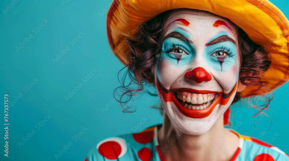 Clown with theatrical makeup and a yellow hat on a blue background