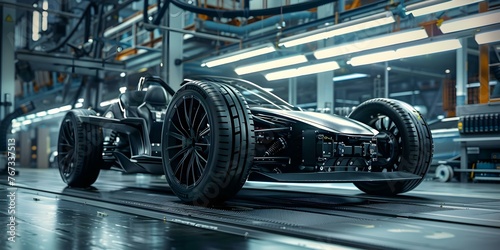 Futuristic electric sports car chassis with highperformance battery packs in a factory prototype showcase with wide banner space. Concept Electric Vehicles, Futuristic Designs
