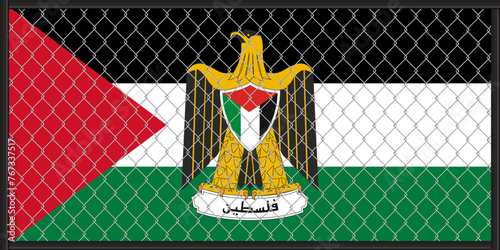 Vector illustration of the flag and coat of arms of Palestine under the lattice. The concept of isolationism.
