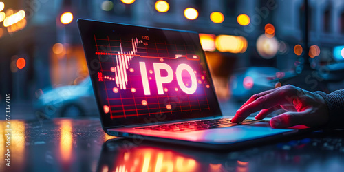 Investor or entrepreneur visualizing successful IPO Initial Public Offering, futuristic hologram projection, analyzing stock market data & trends to strategize public listing, business capital raise