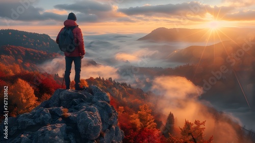 Sporty man on the mountain peak looking on mountain valley with sunbeams at colorful sunset in autumn in Europe. Landscape with traveler, foggy hills, forest in fall, amazing sky and Ai Generated  © Hamid