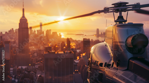 Helicopter flying over city at sunrise.