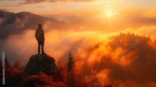 Sporty man on the mountain peak looking on mountain valley with sunbeams at colorful sunset in autumn in Europe. Landscape with traveler, foggy hills, forest in fall, amazing sky and Ai Generated  © Hamid