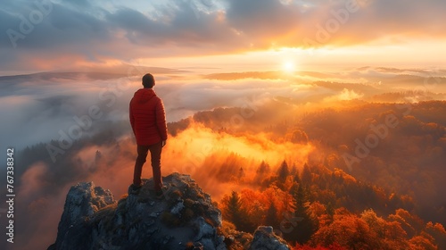Sporty man on the mountain peak looking on mountain valley with sunbeams at colorful sunset in autumn in Europe. Landscape with traveler  foggy hills  forest in fall  amazing sky and Ai Generated 