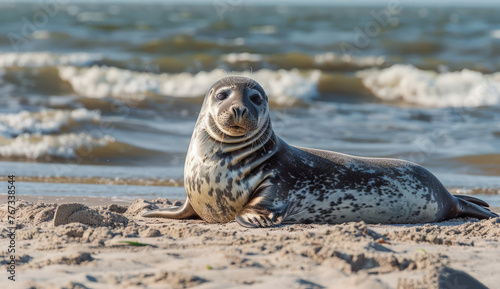 A grey seal is lying on top of a sandy beach, basking in the sun and relaxing by the ocean