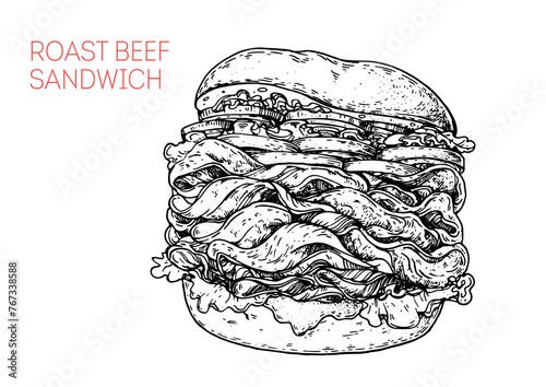 Roast beef sandwich sketch. Hand drawn vector illustration. not AI