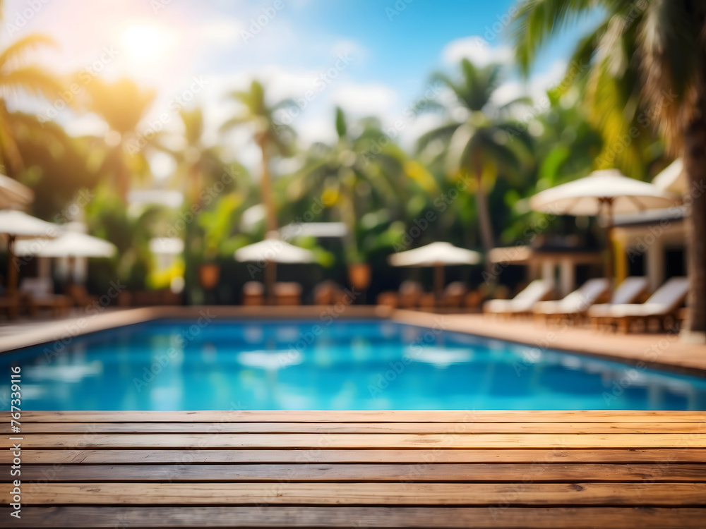 Wooden table pool bokeh background, empty wood desk product display mockup with blurry tropical hotel resort abstract poolside summer travel backdrop advertising presentation. Mock-up, copy space