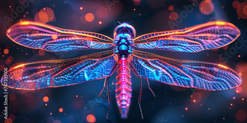 A dragonfly dreaming in a squishy neon background Araffe dragonfly with blue eyes flying on a dark bokeh background.