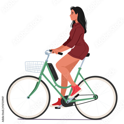 Woman Character Gracefully Maneuvers An Electric Bicycle Through City Streets, Enjoying A Smooth And Eco-friendly Ride