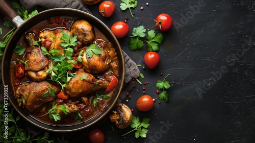 Basque chicken is traditionally stewed with vegetables (tomatoes, peppers, mushrooms) and spices. French dish
